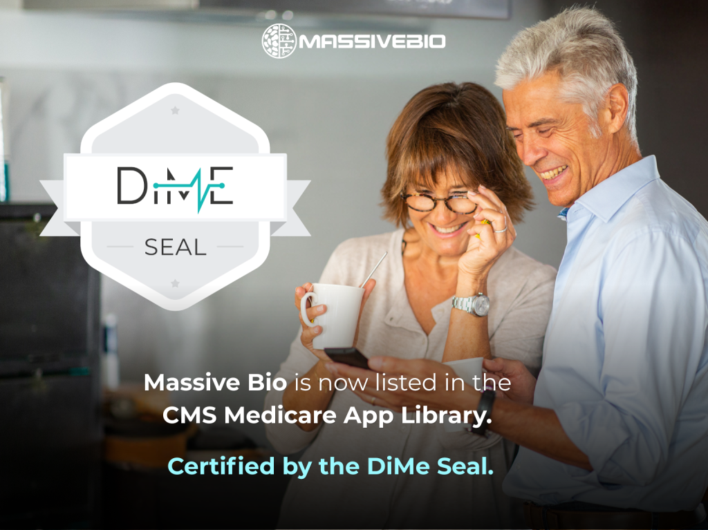 Cancer patient and oncologist reviewing clinical trial options on a tablet, with digital health certification icons in the foreground