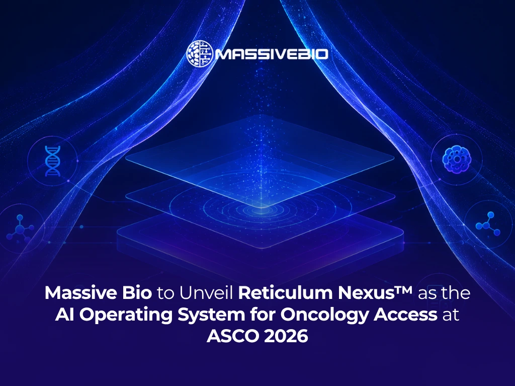 Massive Bio promotional graphic for ASCO 2026 featuring a dark blue abstract background with glowing blue ribbon shapes, layered holographic panels, and biotech icons. Text reads: "Massive Bio to Unveil Reticulum Nexus™ as the AI Operating System for Oncology Access at ASCO 2026