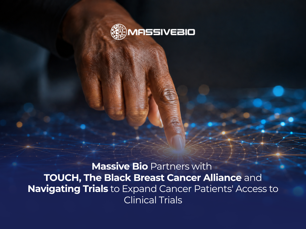A hand reaching toward a glowing digital network, with the text: "Massive Bio Partners with TOUCH, The Black Breast Cancer Alliance and Navigating Trials to Expand Cancer Patients' Access to Clinical Trials.