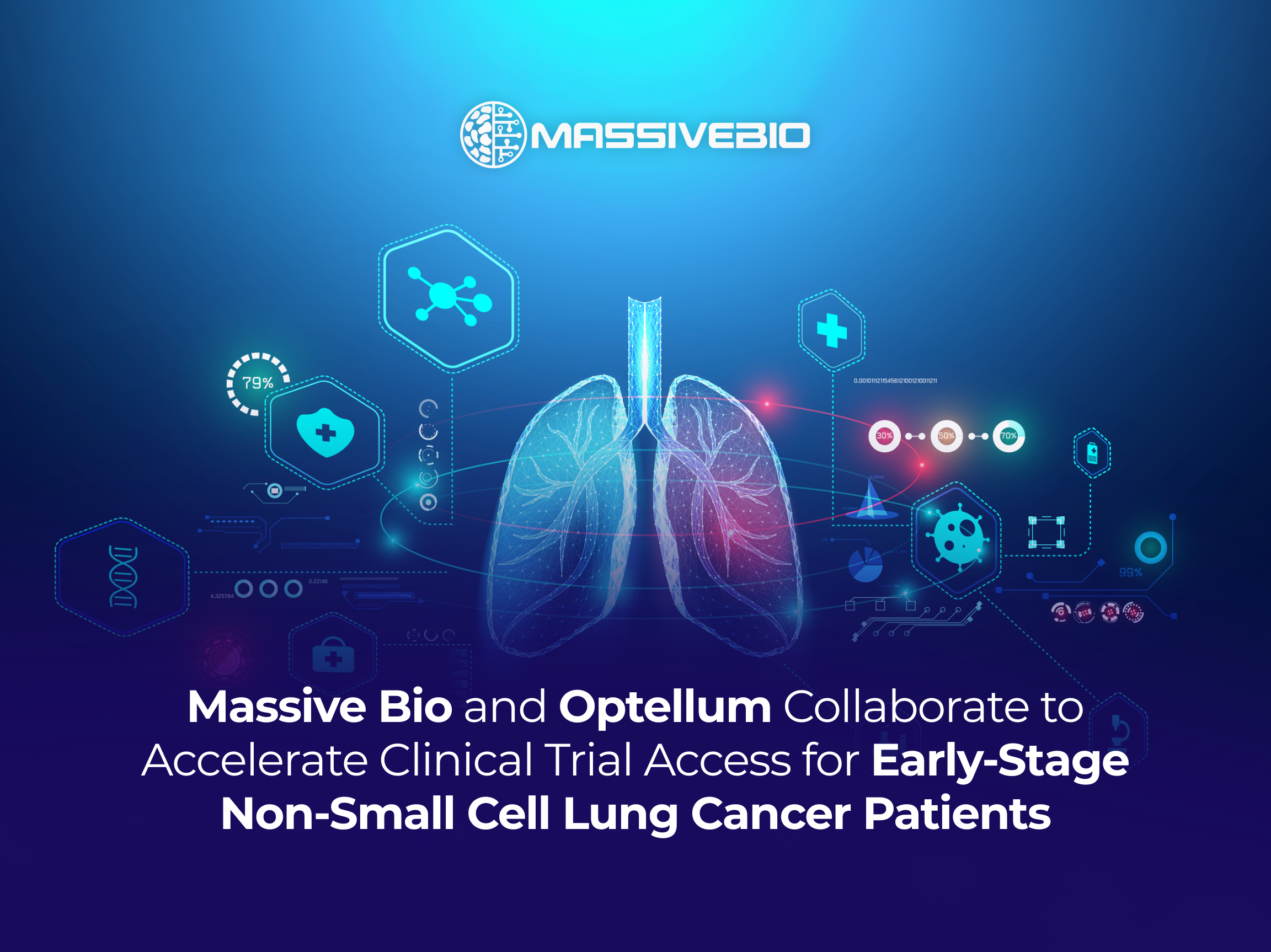 Massive Bio and Optellum collaboration announcement graphic featuring a glowing digital lung illustration with AI and medical data icons, and the text: "Massive Bio and Optellum Collaborate to Accelerate Clinical Trial Access for Early-Stage Non-Small Cell Lung Cancer Patients.