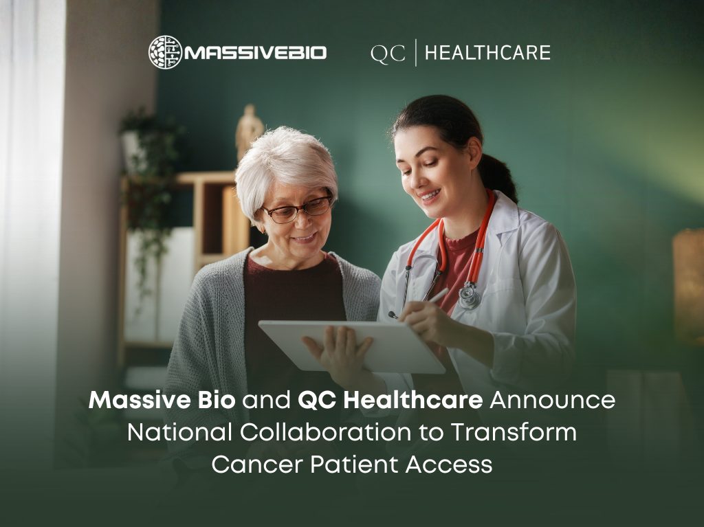 Doctor in a white coat reviewing information on a tablet with an elderly female patient, with the Massive Bio and QC Healthcare logos above and text announcing their national collaboration to transform cancer patient access.
