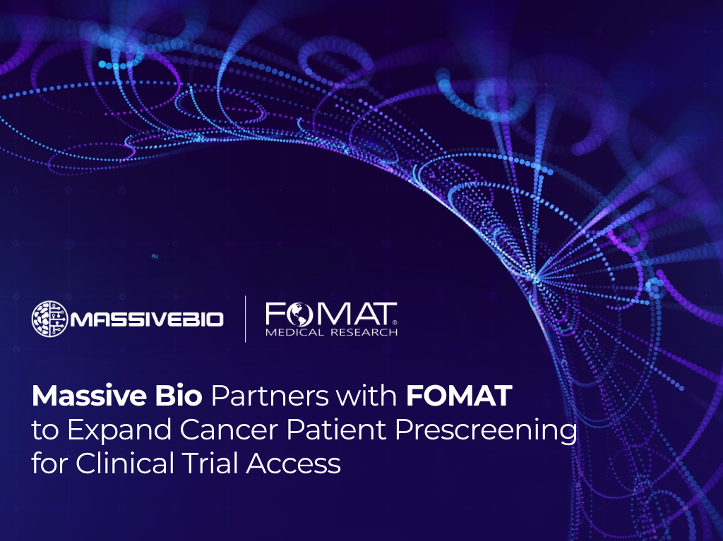 Massive Bio and FOMAT logos with a DNA-inspired network graphic, announcing a partnership to expand cancer patient prescreening for clinical trial access.