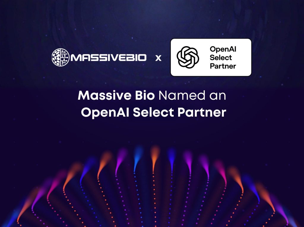 Dark purple graphic with the Massive Bio logo and an OpenAI Select Partner badge side by side, above the headline "Massive Bio Named an OpenAI Select Partner," with colorful abstract light trails rising from the bottom of the image.